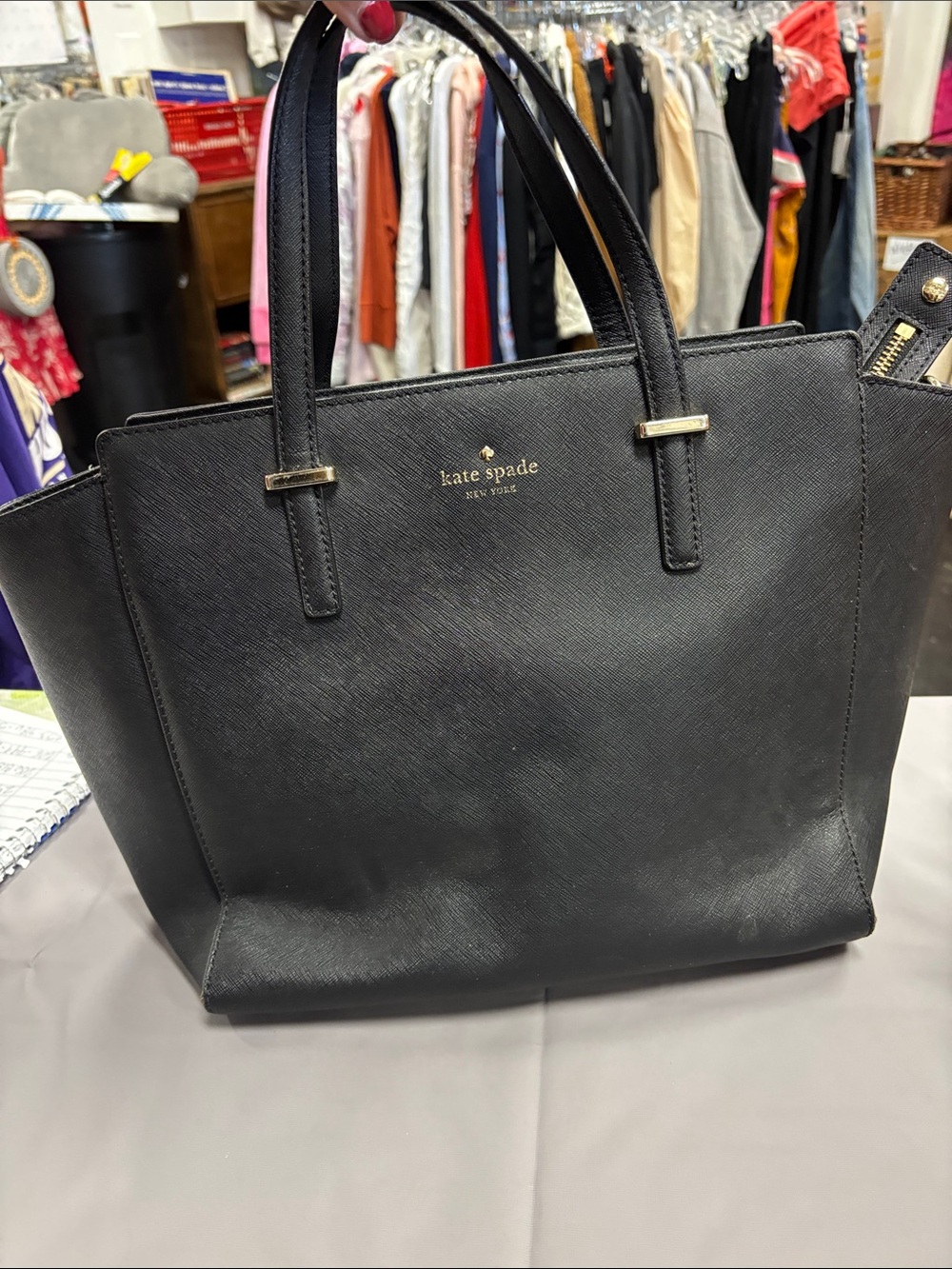kate spade Black Saffiano Leather Tote with Gold Accents